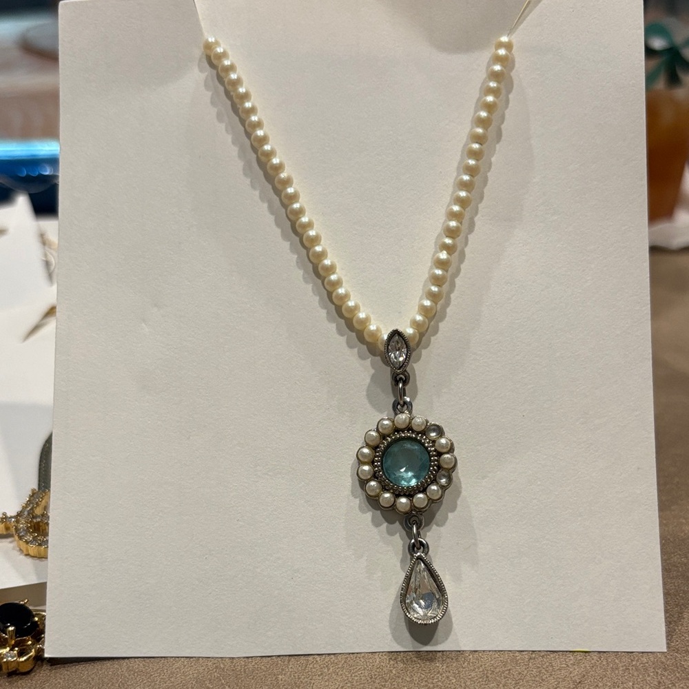 1928 Jewelry Co. - Pearl and Silver Necklace with Blue Pendant